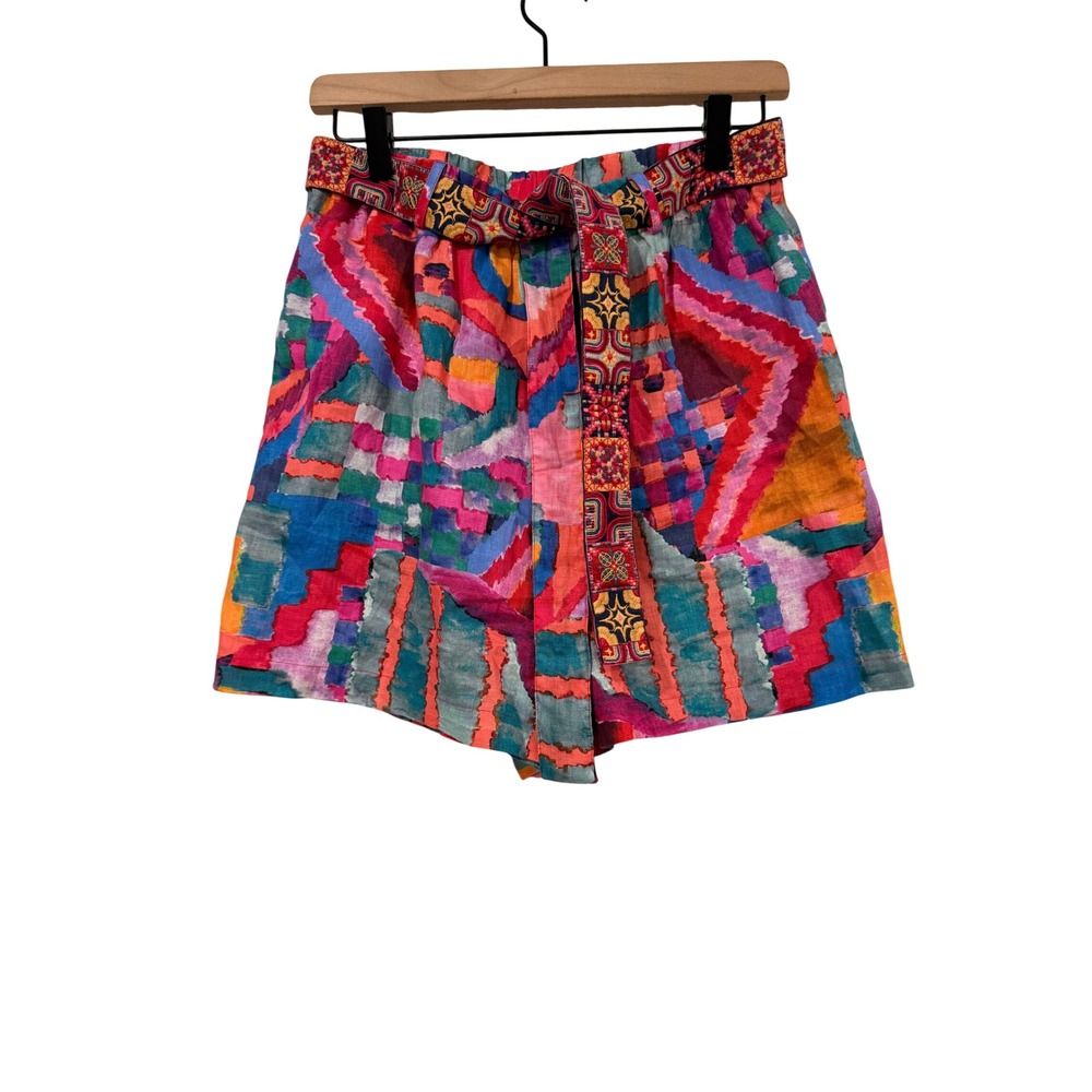 Johnny Was Jades Multi Color Abstract Geometric Embroidered Belt Shorts Small